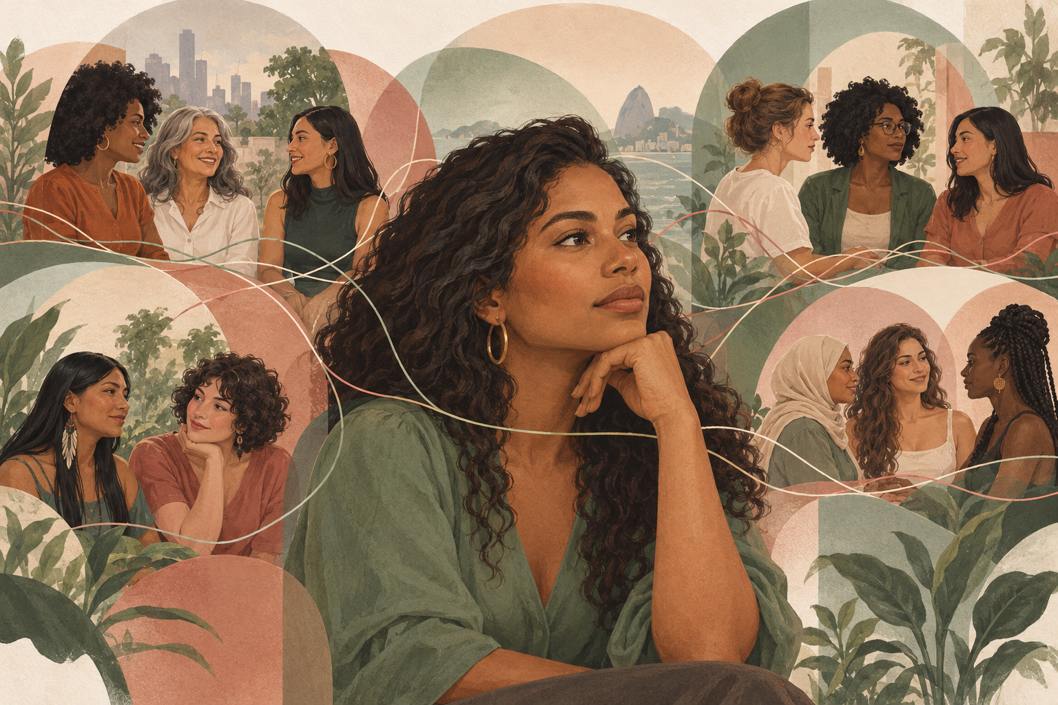 Ilustração de uma mulher pensativa cercada por grupos de mulheres diversas, conectadas por linhas que representam vínculos e pertencimento.
